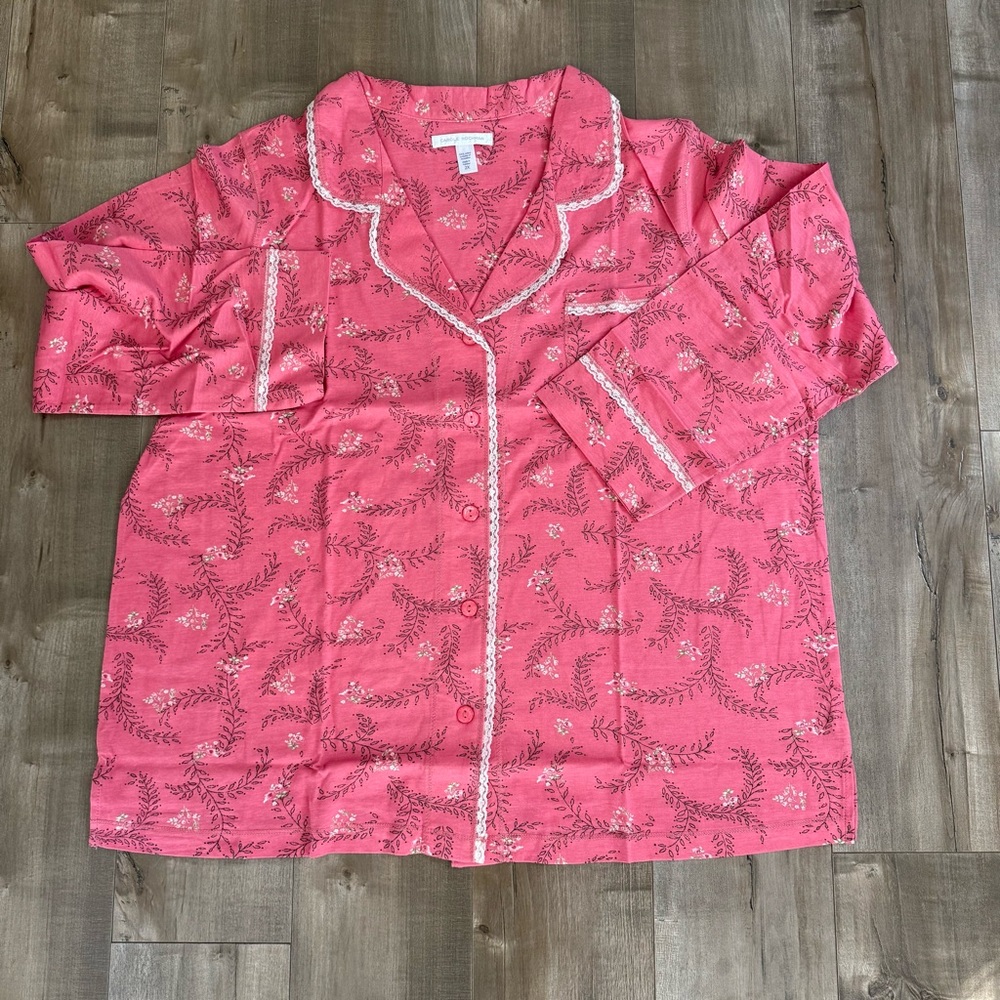NEW Carole Hochman Pajama Top Shirt Long Sleeve Floral Lace 2XL Coral Pink